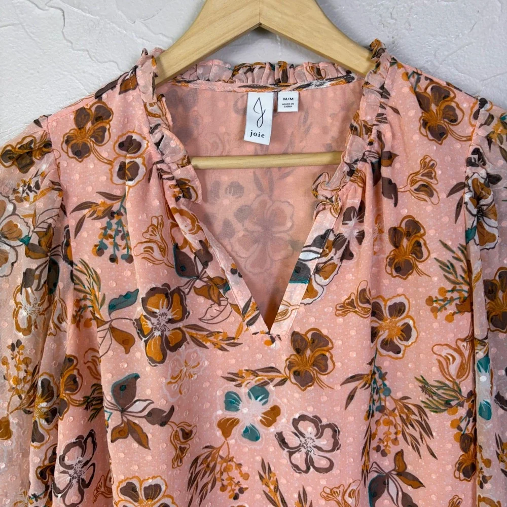 Joie Floral Clip Dot Blouse Women Size Medium Pink Long Sleeve V Neck Boho